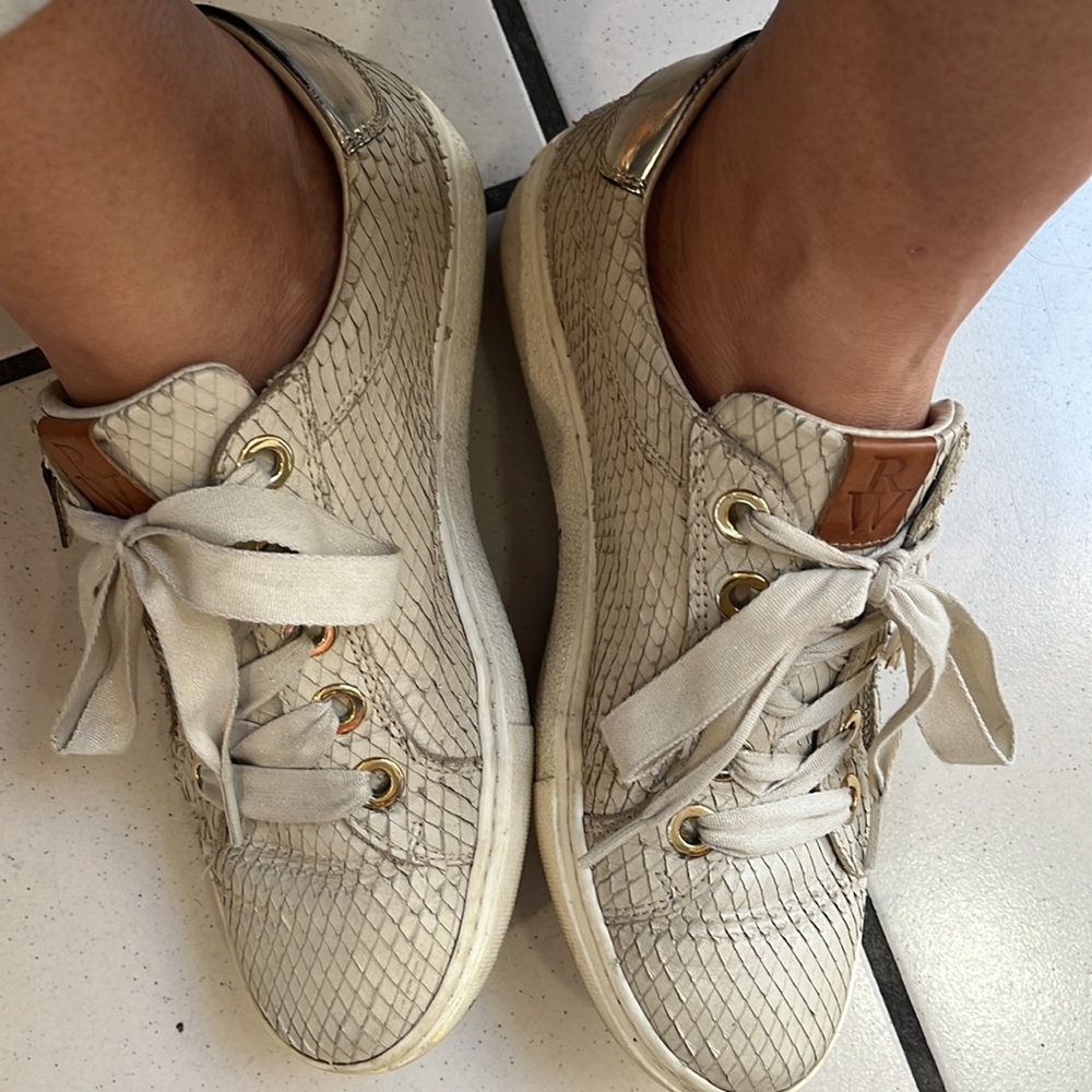 RON WHITE Snake Skin Embossed Leather Lace Up Sneakers Shoe Trainer Zipper Beige